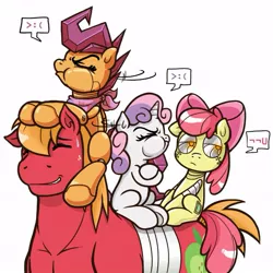 Size: 623x623 | Tagged: safe, artist:redhotkick, derpibooru import, apple bloom, big macintosh, scootaloo, sweetie belle, earth pony, pegasus, pony, robot, robot pony, unicorn, ask big red macintosh, :c, >:c, apple bloom bot, bandage, blank flank, cutie mark, cutie mark crusaders, eyes closed, female, filly, foal, frown, hooves, horn, male, ponies riding ponies, puffy cheeks, riding, scootabot, simple background, sitting, stallion, sweetie bot, white background