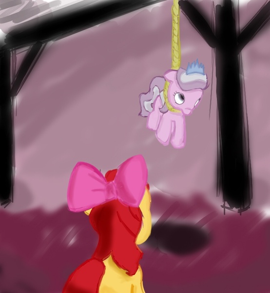 Size: 753x816 | Tagged: abuse, apple bloom, artist:ashesdarkpony, derpibooru import, diamond tiara, grimdark, hanging, hanging (by neck), noose, suicide, tiarabuse