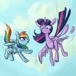 Size: 1000x1000 | Tagged: safe, artist:ponygoggles, derpibooru import, rainbow dash, twilight sparkle, twilight sparkle (alicorn), alicorn, pony, falling with style, female, flying, mare