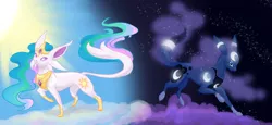 Size: 1960x900 | Tagged: artist:bedupolker, contrast, crossover, derpibooru import, duality, duo, espeon, ethereal mane, female, pokefied, pokémon, princess celestia, princess luna, royal sisters, safe, siblings, sisters, species swap, split sky, starry mane, sun, umbreon