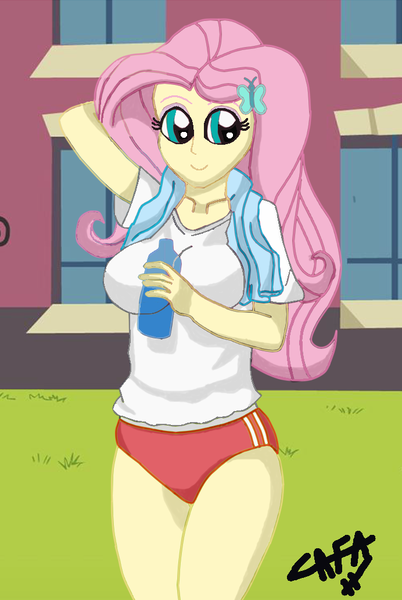 Size: 692x1032 | Tagged: safe, artist:cafakero, derpibooru import, fluttershy, bat pony, equestria girls, big breasts, breasts, busty fluttershy, clothes, flutterbat, race swap, shirt, sports panties, t-shirt, towel, water bottle