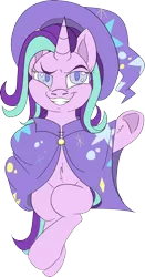 Size: 856x1632 | Tagged: safe, artist:taaffeiite, derpibooru import, starlight glimmer, pony, unicorn, accessory swap, cape, clothes, crossed legs, female, hat, looking at you, mare, redraw, simple background, smiling, smug, smuglight glimmer, solo, transparent background, trixie's cape, trixie's hat