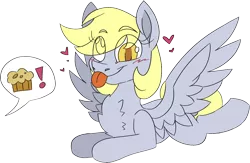 Size: 1362x888 | Tagged: safe, artist:taaffeiite, derpibooru import, derpy hooves, pegasus, pony, blushing, chest fluff, cute, derpabetes, eye clipping through hair, female, floating heart, food, heart, mare, missing cutie mark, mlem, muffin, pictogram, prone, silly, simple background, smiling, speech bubble, spread wings, that pony sure does love muffins, tongue out, transparent background, wings