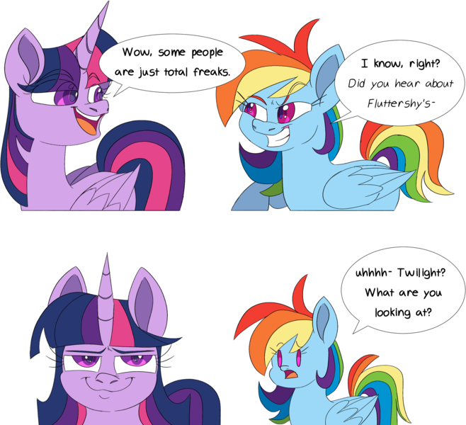 Size: 2334x2128 | Tagged: safe, artist:taaffeiite, derpibooru import, rainbow dash, twilight sparkle, twilight sparkle (alicorn), alicorn, pegasus, pony, bronybait, dialogue, duo, eye clipping through hair, female, fourth wall, high res, implied fluttershy, looking at you, mare, open mouth, redraw, simple background, smuglight sparkle, speech bubble, transparent background