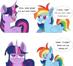 Size: 2334x2128 | Tagged: safe, artist:taaffeiite, derpibooru import, rainbow dash, twilight sparkle, twilight sparkle (alicorn), alicorn, pegasus, pony, bronybait, dialogue, duo, eye clipping through hair, female, fourth wall, high res, implied fluttershy, looking at you, mare, open mouth, redraw, simple background, smuglight sparkle, speech bubble, transparent background