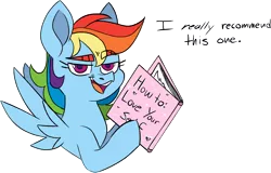 Size: 1577x1008 | Tagged: artist:taaffeiite, book, bust, derpibooru import, dialogue, egghead, egghead dash, female, looking at you, mare, narcissism, open mouth, pegasus, rainbow dash, safe, simple background, transparent background