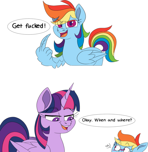 Size: 2015x2067 | Tagged: suggestive, artist:taaffeiite, derpibooru import, rainbow dash, twilight sparkle, twilight sparkle (alicorn), alicorn, pegasus, pony, blushing, dialogue, duo, eye clipping through hair, female, lesbian, lidded eyes, looking down, mare, middle feather, middle finger, rainbow douche, redraw, shipping, simple background, speech bubble, this will end in snu snu, transparent background, twidash, vulgar, wing hands, wings