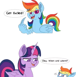 Size: 2015x2067 | Tagged: suggestive, artist:taaffeiite, derpibooru import, rainbow dash, twilight sparkle, twilight sparkle (alicorn), alicorn, pegasus, pony, blushing, dialogue, duo, eye clipping through hair, female, lesbian, lidded eyes, looking down, mare, middle feather, middle finger, rainbow douche, redraw, shipping, simple background, speech bubble, this will end in snu snu, transparent background, twidash, vulgar, wing hands, wings