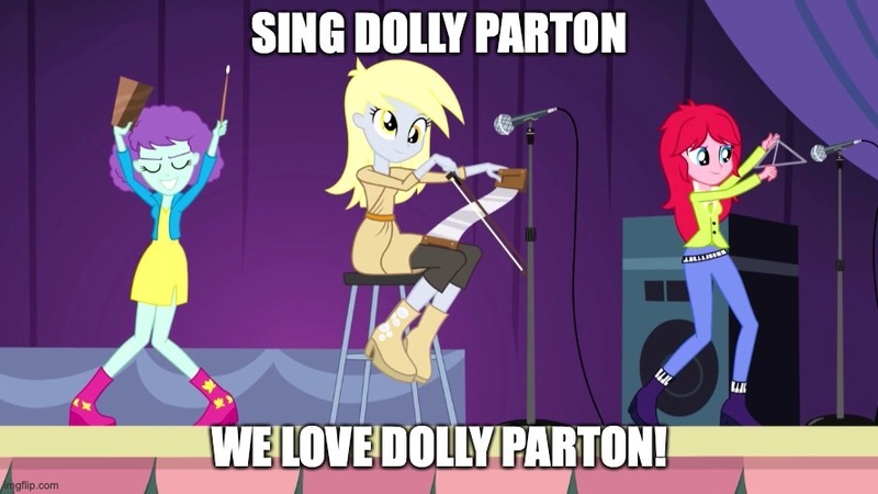 Size: 888x499 | Tagged: safe, derpibooru import, edit, edited screencap, screencap, blueberry pie, derpy hooves, raspberry fluff, equestria girls, rainbow rocks, caption, dolly parton, image macro, impact font, microphone, saw, text, the muffins, triangle, under our spell, vj emmie, wakaliwood, who killed captain alex