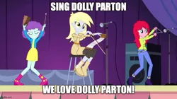 Size: 888x499 | Tagged: safe, derpibooru import, edit, edited screencap, screencap, blueberry pie, derpy hooves, raspberry fluff, equestria girls, rainbow rocks, caption, dolly parton, image macro, impact font, microphone, saw, text, the muffins, triangle, under our spell, vj emmie, wakaliwood, who killed captain alex