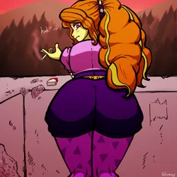Size: 2240x2240 | Tagged: suggestive, artist:glomasy, derpibooru import, adagio dazzle, equestria girls, adagio dat-azzle, ass, butt, cigarette, cigarette pack, clothes, female, hips, leggings, lidded eyes, looking at you, looking back, looking back at you, looking over shoulder, smoking, solo, solo female, thicc ass, thick, thighs, wide hips