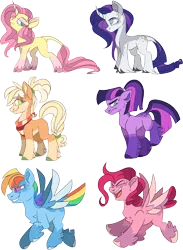 Size: 2463x3356 | Tagged: safe, artist:taaffeiite, derpibooru import, applejack, fluttershy, pinkie pie, rainbow dash, rarity, twilight sparkle, earth pony, pegasus, pony, unicorn, leak, spoiler:g5, alternate color palette, alternate hairstyle, alternate universe, applejack (g5), cloven hooves, colored wings, colored wingtips, curved horn, female, fluttershy (g5), flying, g5, gradient hooves, grumpy, horn, leg fluff, leonine tail, mane six, mane six (g5), mare, missing cutie mark, open mouth, pale belly, pinkie pie (g5), ponytail, race swap, rainbow dash (g5), raised leg, rarity (g5), redraw, simple background, smiling, snooty, socks (coat marking), spoiler, tail feathers, tail fluff, transparent background, twilight sparkle (g5), unshorn fetlocks, wings