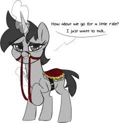 Size: 1064x1049 | Tagged: suggestive, artist:taaffeiite, derpibooru import, oc, oc:dossier, unofficial characters only, pony, unicorn, fanfic:shadow of equestria, blushing, bridle, commission, dialogue, fanfic art, female, knife, magic, mare, reins, saddle, simple background, speech bubble, tack, talking to viewer, telekinesis, transparent background