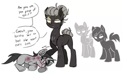 Size: 3608x2160 | Tagged: semi-grimdark, artist:taaffeiite, derpibooru import, oc, oc:dossier, oc:old barbarous, unnamed oc, unofficial characters only, earth pony, pegasus, unicorn, fanfic:shadow of equestria, bleeding, blood, bruised, colored sketch, commission, crying, dialogue, eyeshadow, fanfic art, female, group, makeup, male, mare, scar, scarred, simple background, sketch, speech bubble, stallion, teary eyes, white background