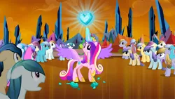 Size: 1280x720 | Tagged: safe, derpibooru import, screencap, amber waves, bright smile, castle (crystal pony), cinnabar, crystal arrow, crystal beau, elbow grease, fleur de verre, golden hooves, ivory, ivory rook, paradise (crystal pony), princess cadance, quicksilver, sapphire joy, spike, alicorn, crystal pony, pony, the crystal empire, colored wings, crystal, crystal empire, crystal heart, dark crystal, depressed, female, glowing horn, gradient wings, horn, levitation, magic, magic aura, male, mare, spread wings, stallion, telekinesis, wings