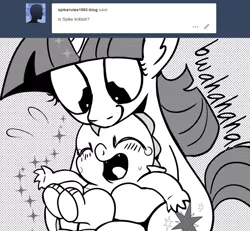 Size: 896x828 | Tagged: safe, artist:mamatwilightsparkle, derpibooru import, spike, twilight sparkle, dragon, pony, unicorn, ask mama twilight sparkle, comic, happy, laughing, mama twilight, mama twilight sparkle, monochrome, spikelove, tears of laughter, tickling, tumblr, unicorn twilight