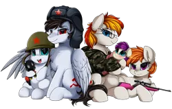 Size: 3720x2369 | Tagged: safe, artist:pridark, derpibooru import, oc, oc:alter ego, oc:artyom, oc:commissar junior, oc:ela, unofficial characters only, earth pony, pegasus, pony, altenior, baby, baby pony, bb gun, blue eyes, blushing, colt, commission, daughter, digital art, family, female, filly, foal, hammer and sickle, hat, helmet, male, mare, offspring, parent:oc:alter ego, parent:oc:commissar junior, parents:altenior, parents:oc x oc, pegasus oc, plushie, purple eyes, pyro, red eyes, simple background, son, soviet, stallion, team fortress 2, transparent background, ushanka, wings