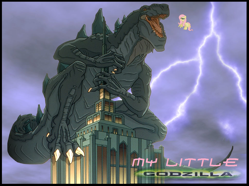 Size: 1024x768 | Tagged: artist:sixxenomorph, crossover, dead source, derpibooru import, fluttershy, godzilla (gts), godzilla the series, safe, zilla junior