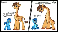 Size: 2200x1200 | Tagged: safe, artist:change, artist:rubiont, derpibooru import, oc, earth pony, giraffe, pony, basically i'm very smol, collaboration, comic, male, meme, meme origin, simple background, sitting, size difference, smaller male, smiley face, text, white background