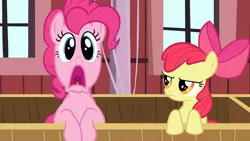 Size: 1920x1080 | Tagged: safe, derpibooru import, screencap, apple bloom, pinkie pie, earth pony, pony, the last roundup, apple bloom is not amused, bow, duo, faic, mane bow, unamused