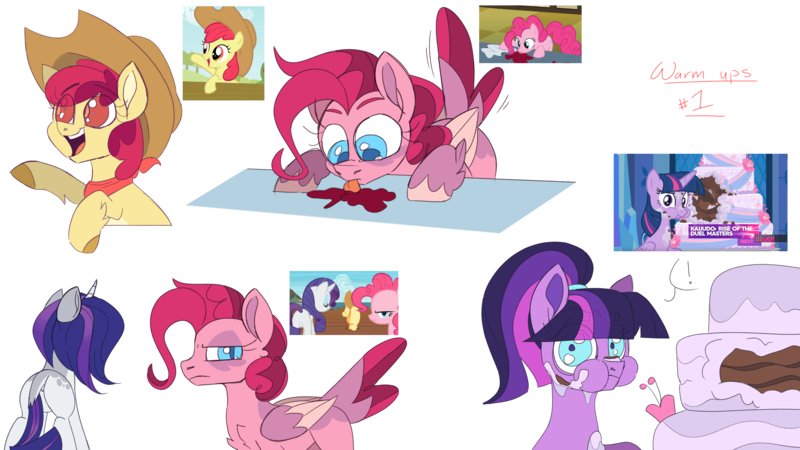 Size: 3840x2160 | Tagged: safe, artist:taaffeiite, derpibooru import, apple bloom, applejack, pinkie pie, rarity, twilight sparkle, twilight sparkle (alicorn), alicorn, earth pony, pegasus, pony, unicorn, cakes for the memories, ppov, the last roundup, leak, spoiler:cakes for the memories, spoiler:g5, spoiler:mlp friendship is forever, alternate color palette, alternate design, alternate hairstyle, apple bloom (g5), applejack's hat, bandana, cake, colored hooves, colored wings, colored wingtips, cowboy hat, curved horn, female, food, g5, hat, horn, leonine tail, mare, pinkie pie (g5), race swap, rarity (g5), scene interpretation, simple background, tail feathers, transparent background, twilight sparkle (g5), unshorn fetlocks, wings