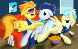 Size: 1120x713 | Tagged: artist:spitshy, butt, derpibooru import, female, implied group sex, implied sex, implied threesome, male, misty fly, morning after, plot, sexy, shipping, soarin', soarinfire, soarin' gets all the mares, spitfire, straight, stupid sexy spitfire, suggestive, wonderbolts