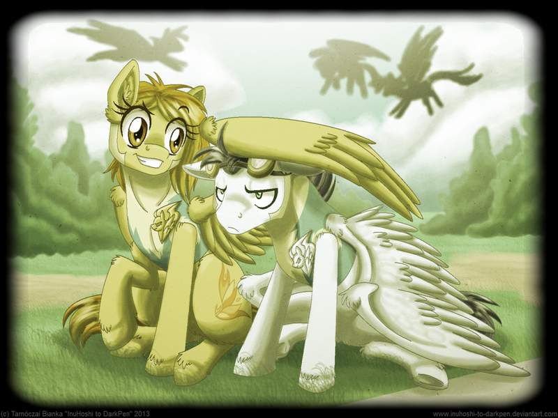 Size: 900x675 | Tagged: safe, artist:inuhoshi-to-darkpen, derpibooru import, soarin', spitfire, pegasus, pony, wonderbolts academy, clothes, duo focus, female, lead pony, lead pony badge, male, mare, sepia, sitting, stallion, uniform, unshorn fetlocks, wing pony, wingpony badge, wonderbolt trainee uniform, younger