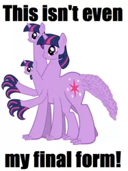 Size: 500x667 | Tagged: abomination, cerberus, derpibooru import, hydra, multiple heads, nightmare fuel, safe, text, this isn't even my final form, three-headed pony, three heads, twilight sparkle, wat, what has science done, you need me