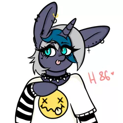 Size: 5000x5000 | Tagged: safe, artist:henneysee86, derpibooru import, oc, oc:elizabat stormfeather, unofficial characters only, alicorn, bat pony, bat pony alicorn, pony, :p, alicorn oc, bat pony oc, bat wings, choker, clothes, commission, e-girl, ear piercing, earring, female, horn, jewelry, makeup, mare, piercing, shirt, simple background, solo, spiked choker, tongue out, white background, wings, ych result