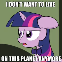 Size: 700x700 | Tagged: safe, artist:ponypie, derpibooru import, twilight sparkle, ponified, pony, anothertwilightsparkle, bowtie, caption, farnsworth, futurama, i don't want to live on this planet anymore, image macro, meme, professor farnsworth, quote, reaction image, stupidity, text, twilight is not amused, unamused
