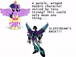 Size: 1218x916 | Tagged: safe, derpibooru import, twilight sparkle, twilight sparkle (alicorn), alicorn, pony, alicorn drama, drama, female, mare, slipstream (transformers), tara strong, transformers, transformers animated, voice actor joke