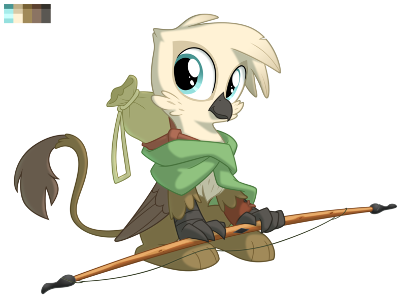 Size: 2700x2000 | Tagged: safe, artist:equestria-prevails, derpibooru import, oc, unofficial characters only, gryphon, bow (weapon), cute, image, looking sideways, png, simple background, sitting, solo, transparent background, weapon
