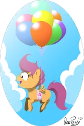 Size: 2000x3000 | Tagged: safe, artist:datponypl, derpibooru import, pinkie pie, scootaloo, pegasus, pony, balloon, cloud, female, filly, floating, scootaloo can't fly, then watch her balloons lift her up to the sky