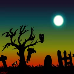 Size: 800x800 | Tagged: artist:catfood-mcfly, bird, derpibooru import, gravestone, graveyard, hanging, hanging (by neck), owl, owlowiscious, semi-grimdark, silhouette, spike, suicide