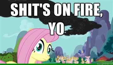 Size: 360x207 | Tagged: caption, derpibooru import, dragonshy, edit, edited screencap, fluttershy, image macro, ponyville, safe, screencap, shit's on fire yo, smoke, solo, text, vulgar