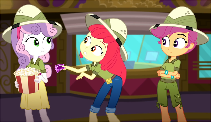 Size: 2648x1535 | Tagged: safe, derpibooru import, screencap, apple bloom, scootaloo, sweetie belle, eqg summertime shorts, equestria girls, the canterlot movie club, boots, clothes, cutie mark crusaders, food, hat, jeans, looking at each other, looking at someone, pants, popcorn, shirt, shoes, shorts, skirt, theater, ticket, tickets