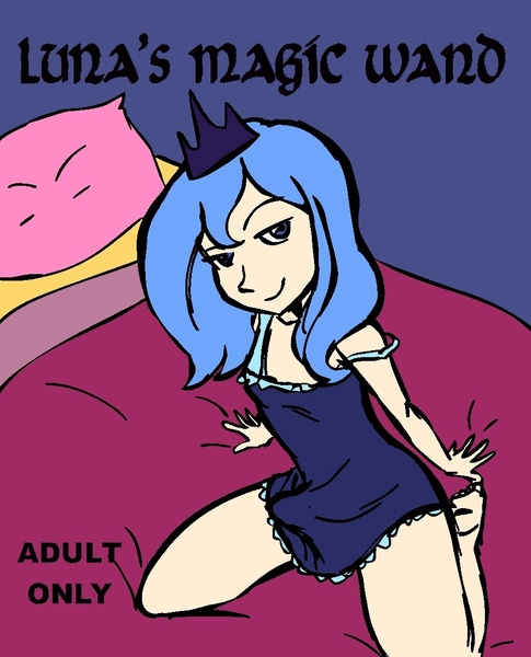 Size: 945x1170 | Tagged: artifact, artist:megasweet, clothes, comic:luna's magic wand, cover, crotch bulge, crown, derpibooru import, erection, futa, futa princess luna, human, humanized, intersex, jewelry, nightgown, nudity, penis, princess luna, questionable, regalia, s1 luna, small penis