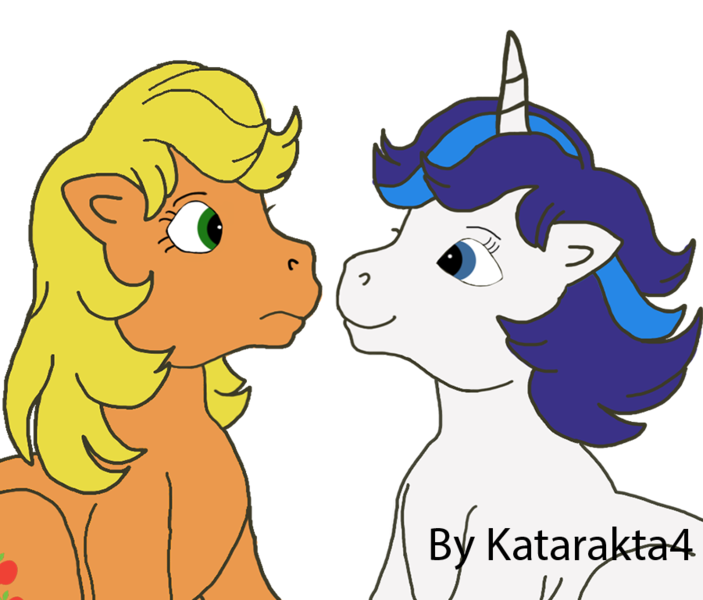 Size: 900x768 | Tagged: safe, artist:katarakta4, derpibooru import, applejack (g1), glory, pony, unicorn, duo, g1, looking at each other, signature, simple background, white background