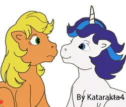 Size: 900x768 | Tagged: safe, artist:katarakta4, derpibooru import, applejack (g1), glory, pony, unicorn, duo, g1, looking at each other, signature, simple background, white background