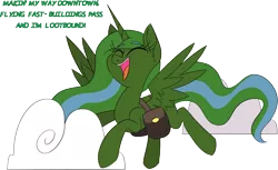 Size: 3603x2204 | Tagged: alicorn, alicorn oc, artificial alicorn, artist:taaffeiite, a thousand miles, bag, derpibooru import, fallout equestria, fallout equestria: prepper, fanfic art, flying, green alicorn (fo:e), horn, oc, oc:prepper, saddle bag, safe, simple background, singing, smiling, solo, transparent background, unofficial characters only, vanessa carlton, wings