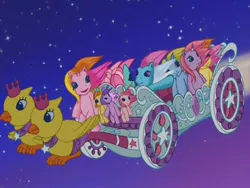 Size: 640x480 | Tagged: bird, breezie, brights brightly, carriage, cheerilee (g3), crystal carriage, derpibooru import, g3, minty, night, pink dash, pinkie pie (g3), rainbow dash (g3), rarity (g3), safe, stars, the runaway rainbow, tiddlywink, tra-la-la, whistle wishes, zipzee