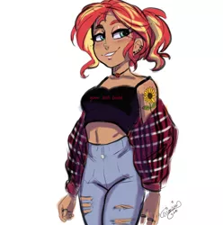 Size: 1280x1290 | Tagged: artist:ask-sunpie, artist:wimsie, belly button, clothes, derpibooru import, ear piercing, earring, flower, geode of empathy, human, human coloration, humanized, jacket, jeans, jewelry, magical geodes, midriff, necklace, nose piercing, pants, piercing, ring, ripped jeans, safe, solo, sports bra, sunflower, sunset shimmer, tanktop, tattoo, text, tumblr:ask sunpie