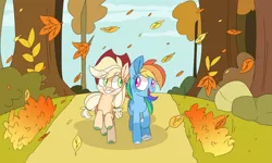Size: 5909x3545 | Tagged: safe, artist:taaffeiite, derpibooru import, applejack, rainbow dash, earth pony, pegasus, pony, fall weather friends, absurd resolution, alternate color palette, alternate design, atg 2020, colored hooves, duo, female, high res, leaves, mare, newbie artist training grounds, redraw, running of the leaves, scene interpretation, socks (coat marking), tree