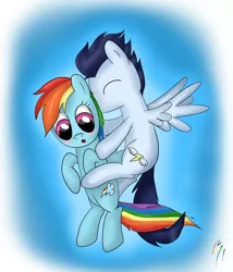 Size: 1702x1991 | Tagged: safe, artist:pancake-ss, derpibooru import, rainbow dash, soarin', blushing, female, hug, male, shipping, soarindash, straight