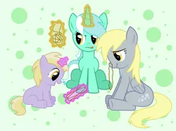 Size: 6792x5048 | Tagged: safe, artist:abion47, derpibooru import, derpy hooves, dinky hooves, lyra heartstrings, pegasus, pony, unicorn, absurd resolution, cat's cradle, foal, magic, playing, string, strings, tongue out