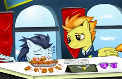 Size: 2500x1625 | Tagged: artist:mlj-lucarias, derpibooru import, desk, food, glasses, office, onomatopoeia, pie, safe, sleeping, soarin', sound effects, spitfire, that pony sure does love pies, window, wonderbolts academy, zzz