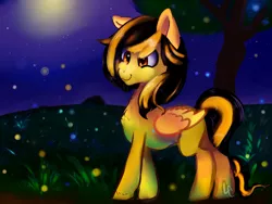 Size: 1400x1050 | Tagged: safe, artist:lightningchaserarts, derpibooru import, oc, oc:lightningchaser, unofficial characters only, firefly (insect), insect, pegasus, pony, blank flank, female, field, filly, foal, moon, night, silly filly, tree