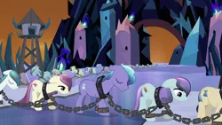 Size: 1280x720 | Tagged: safe, derpibooru import, screencap, bright smile, castle (crystal pony), crystal arrow, crystal beau, elbow grease, fleur de verre, ivory, ivory rook, king sombra, night knight, paradise (crystal pony), rubinstein, sapphire joy, crystal pony, pony, the crystal empire, chains, crystal, crystal empire, dark crystal, depressed, despair, female, male, mare, sad, slave, slavery, sombra empire, stallion