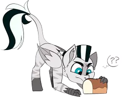 Size: 1323x1058 | Tagged: artist:taaffeiite, bread, commission, confused, derpibooru import, food, leonine tail, male, oc, oc:caibre, question mark, safe, simple background, solo, stallion, transparent background, unofficial characters only, zebra hybrid
