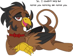 Size: 3076x2350 | Tagged: safe, artist:taaffeiite, derpibooru import, oc, oc:dj axel rod, unofficial characters only, gryphon, bowtie, colored wings, colored wingtips, commission, dialogue, griffon oc, leonine tail, looking at you, male, prone, rango, simple background, solo, transparent background, white outline, wings